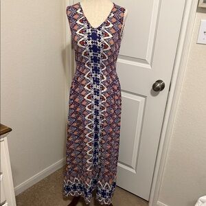 Fun & Flirt Blue and Orange Geometric Maxi Dress